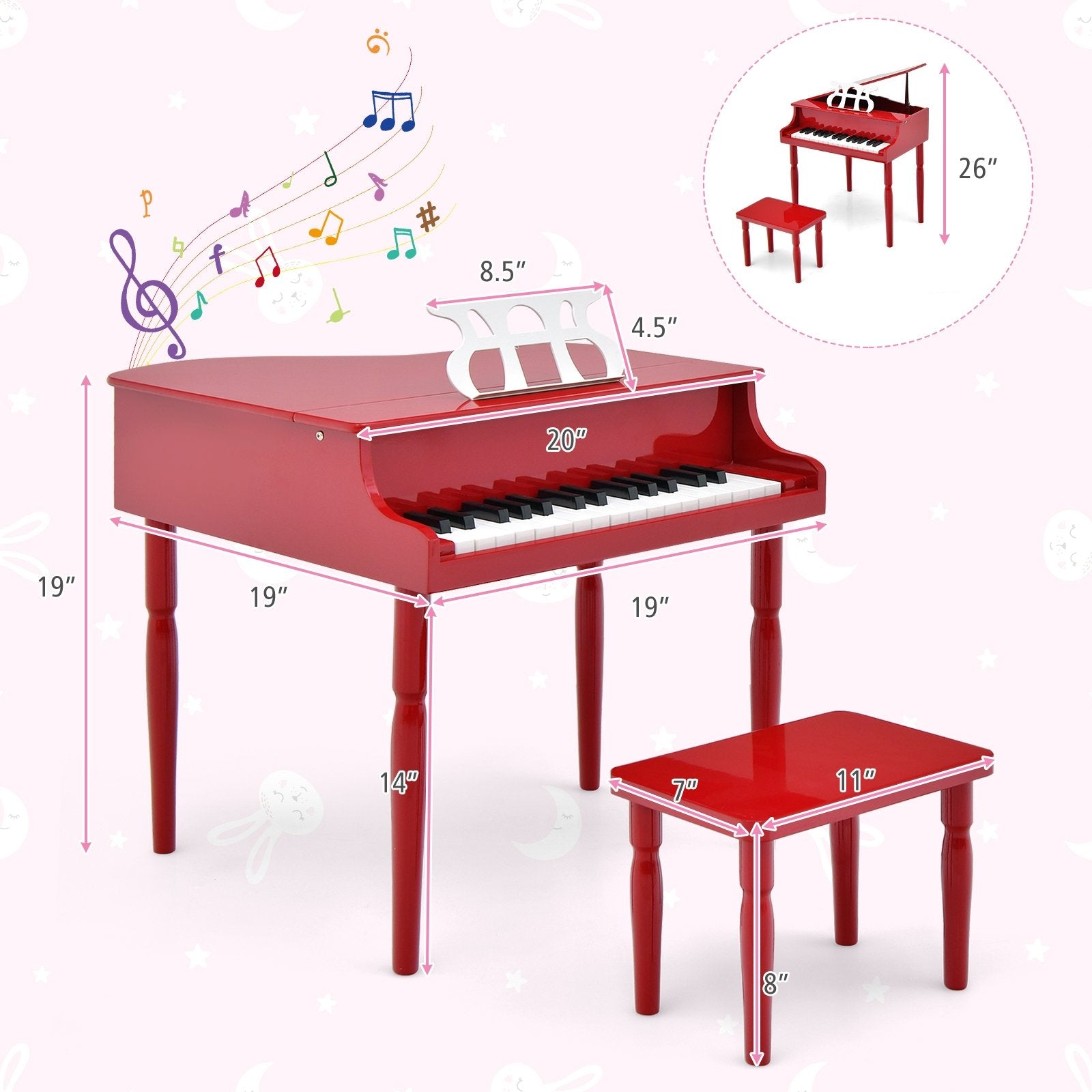 30-Key Wood Toy Kids Grand Piano with Bench and Music Rack, Red Pianos & Keyboards   at Gallery Canada