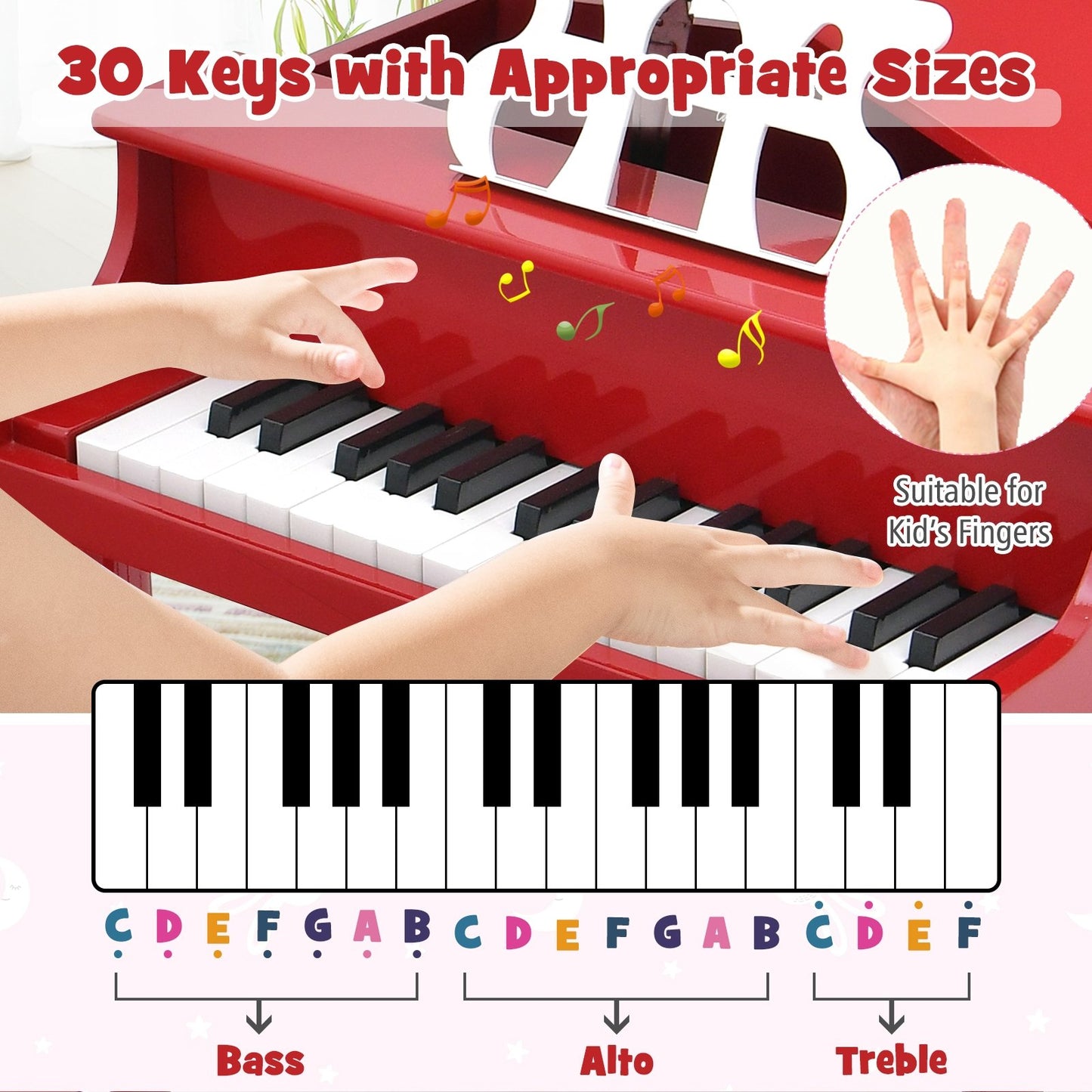 30-Key Wood Toy Kids Grand Piano with Bench and Music Rack, Red Pianos & Keyboards   at Gallery Canada