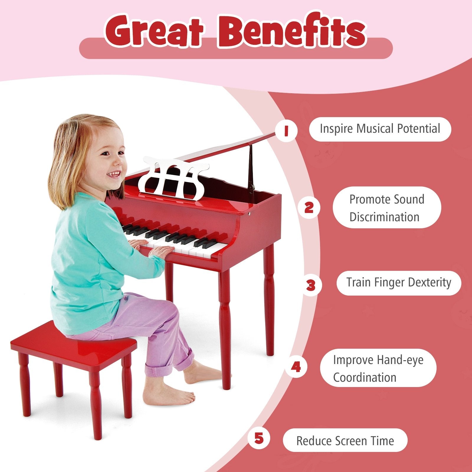 30-Key Wood Toy Kids Grand Piano with Bench and Music Rack, Red Pianos & Keyboards   at Gallery Canada