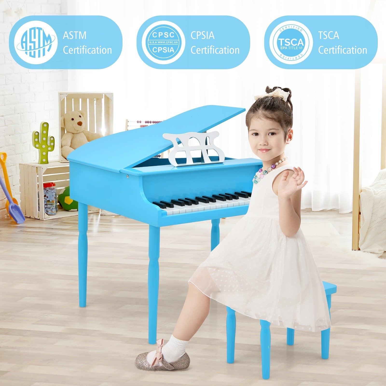 30-Key Wood Toy Kids Grand Piano with Bench and Music Rack, Blue Pianos & Keyboards   at Gallery Canada