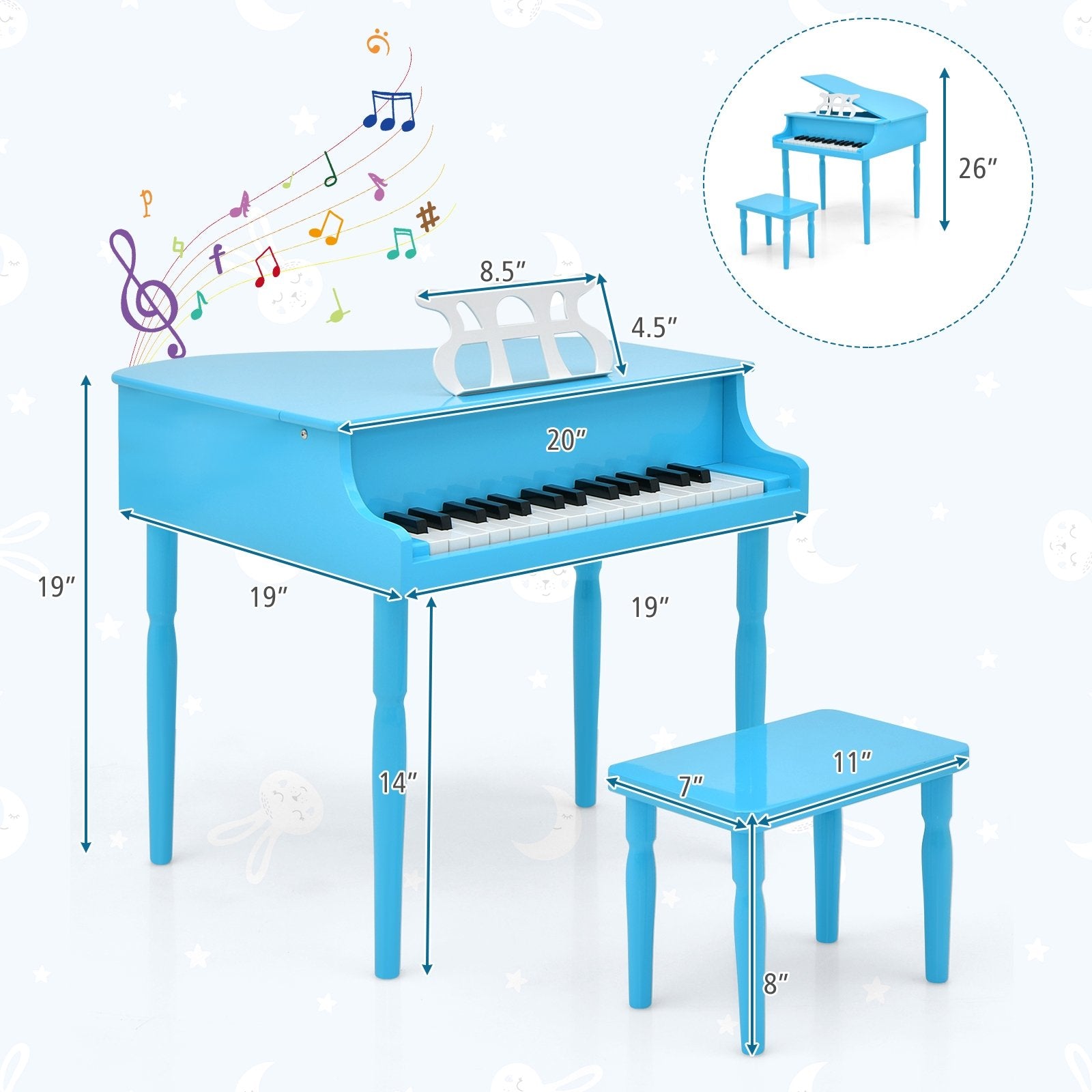 30-Key Wood Toy Kids Grand Piano with Bench and Music Rack, Blue Pianos & Keyboards   at Gallery Canada