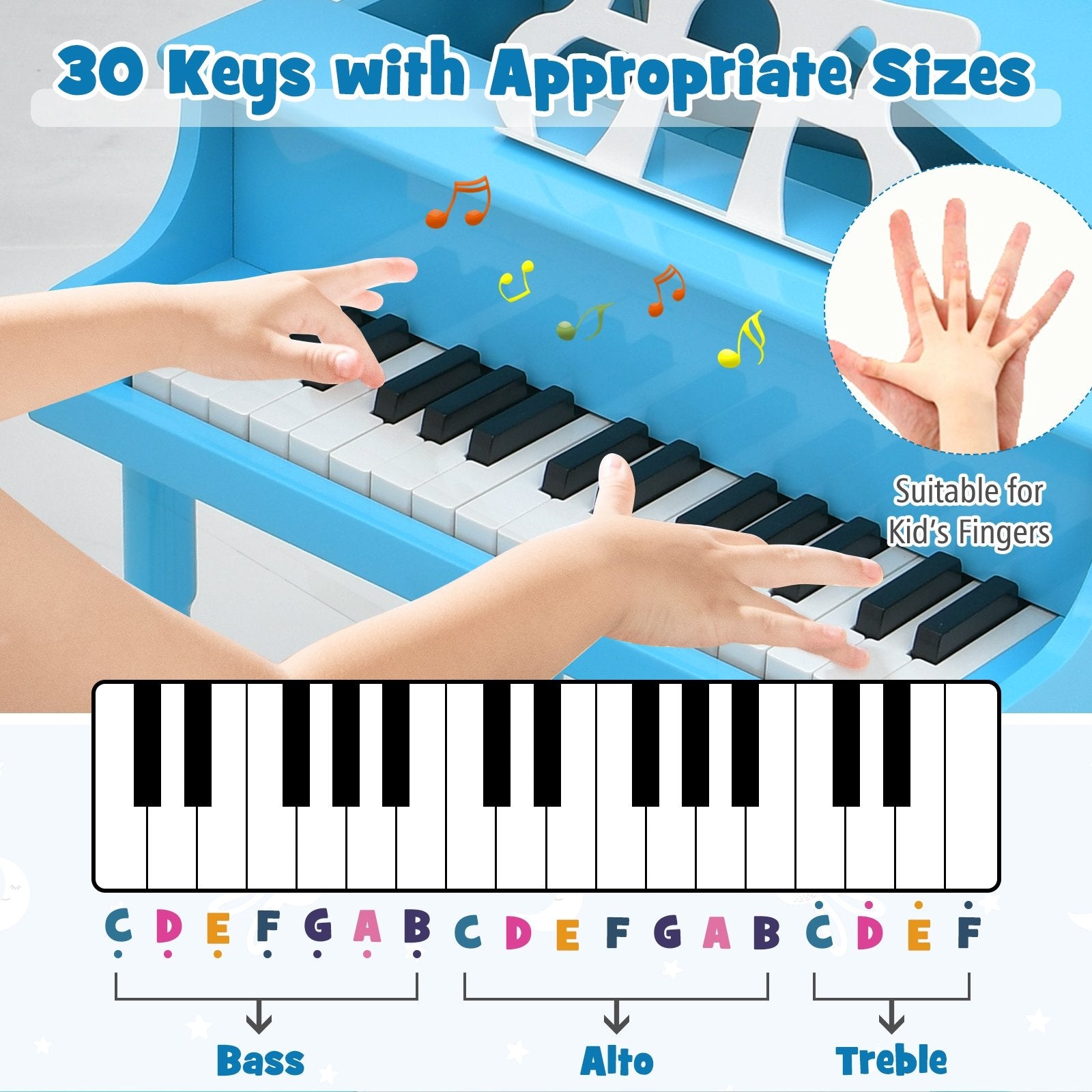 30-Key Wood Toy Kids Grand Piano with Bench and Music Rack, Blue Pianos & Keyboards   at Gallery Canada