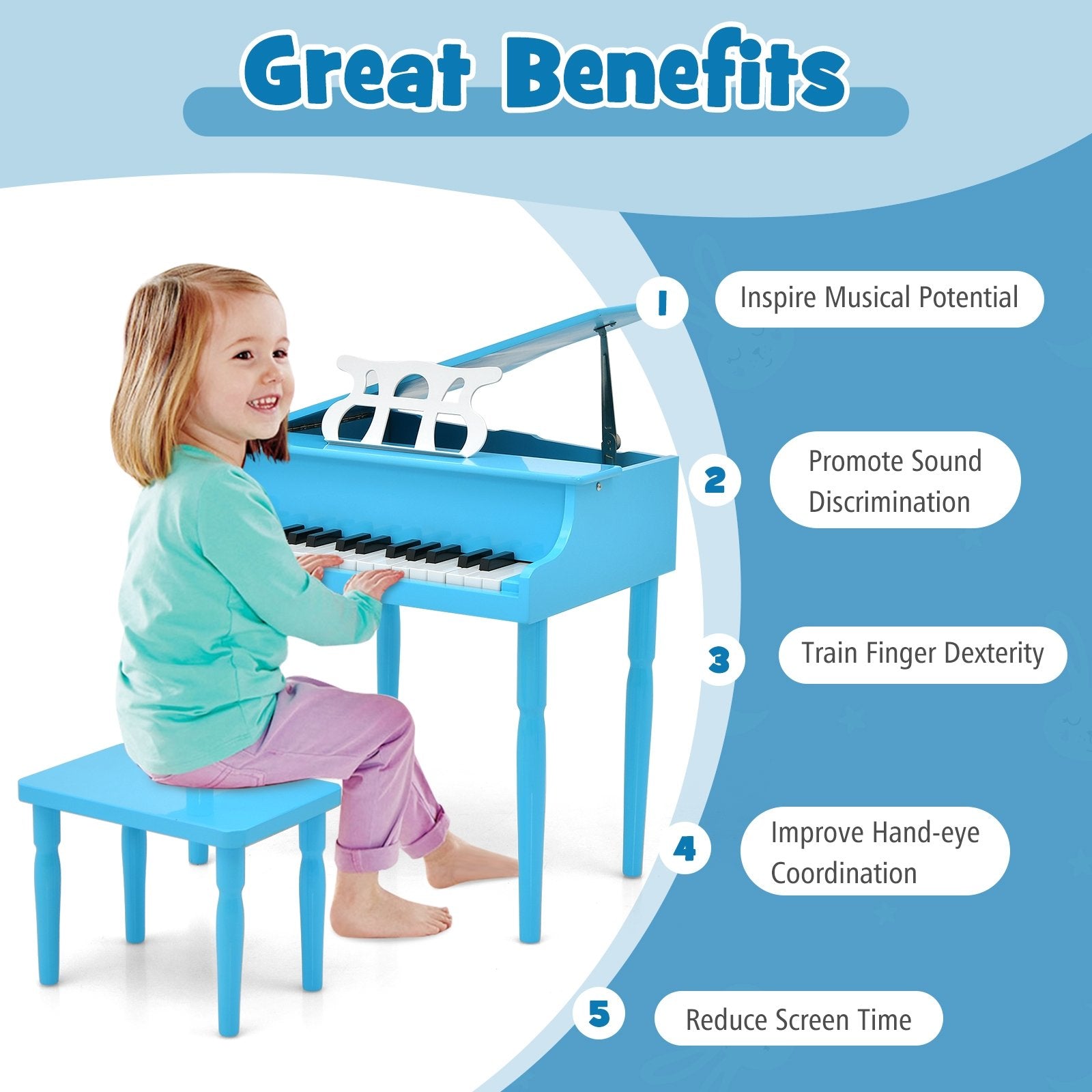 30-Key Wood Toy Kids Grand Piano with Bench and Music Rack, Blue Pianos & Keyboards   at Gallery Canada