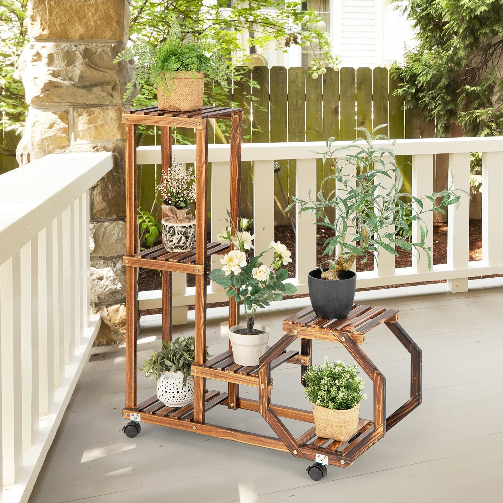 6-Tier Wooden Plant Stand with Wheels, Brown Plant Stands   at Gallery Canada