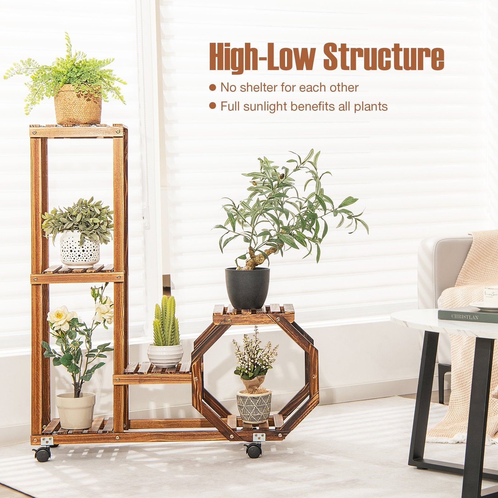 6-Tier Wooden Plant Stand with Wheels, Brown Plant Stands   at Gallery Canada