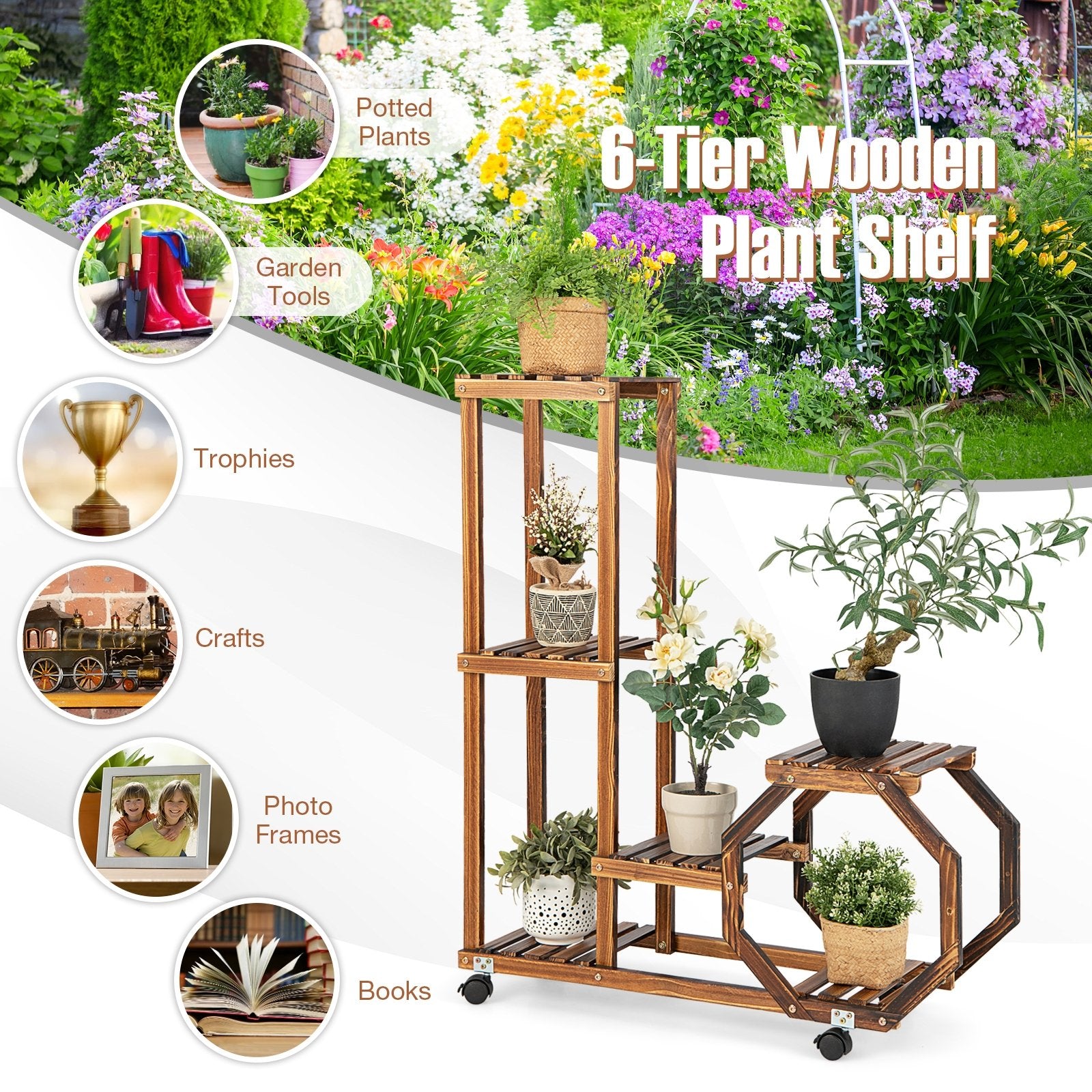 6-Tier Wooden Plant Stand with Wheels, Brown Plant Stands   at Gallery Canada