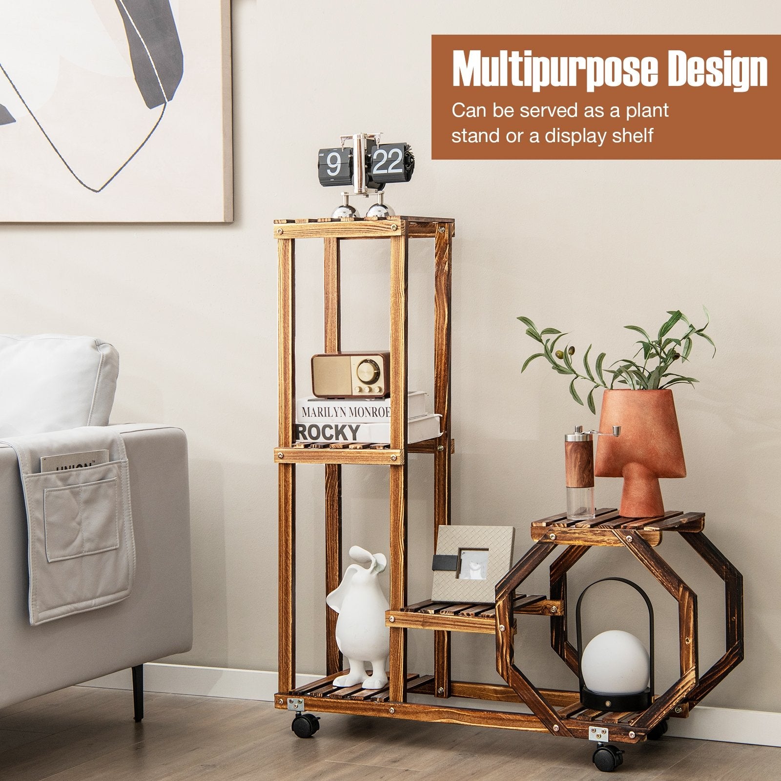 6-Tier Wooden Plant Stand with Wheels, Brown Plant Stands   at Gallery Canada