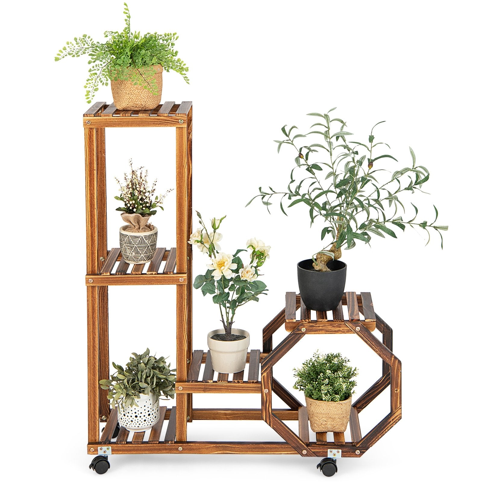 6-Tier Wooden Plant Stand with Wheels, Brown Plant Stands   at Gallery Canada