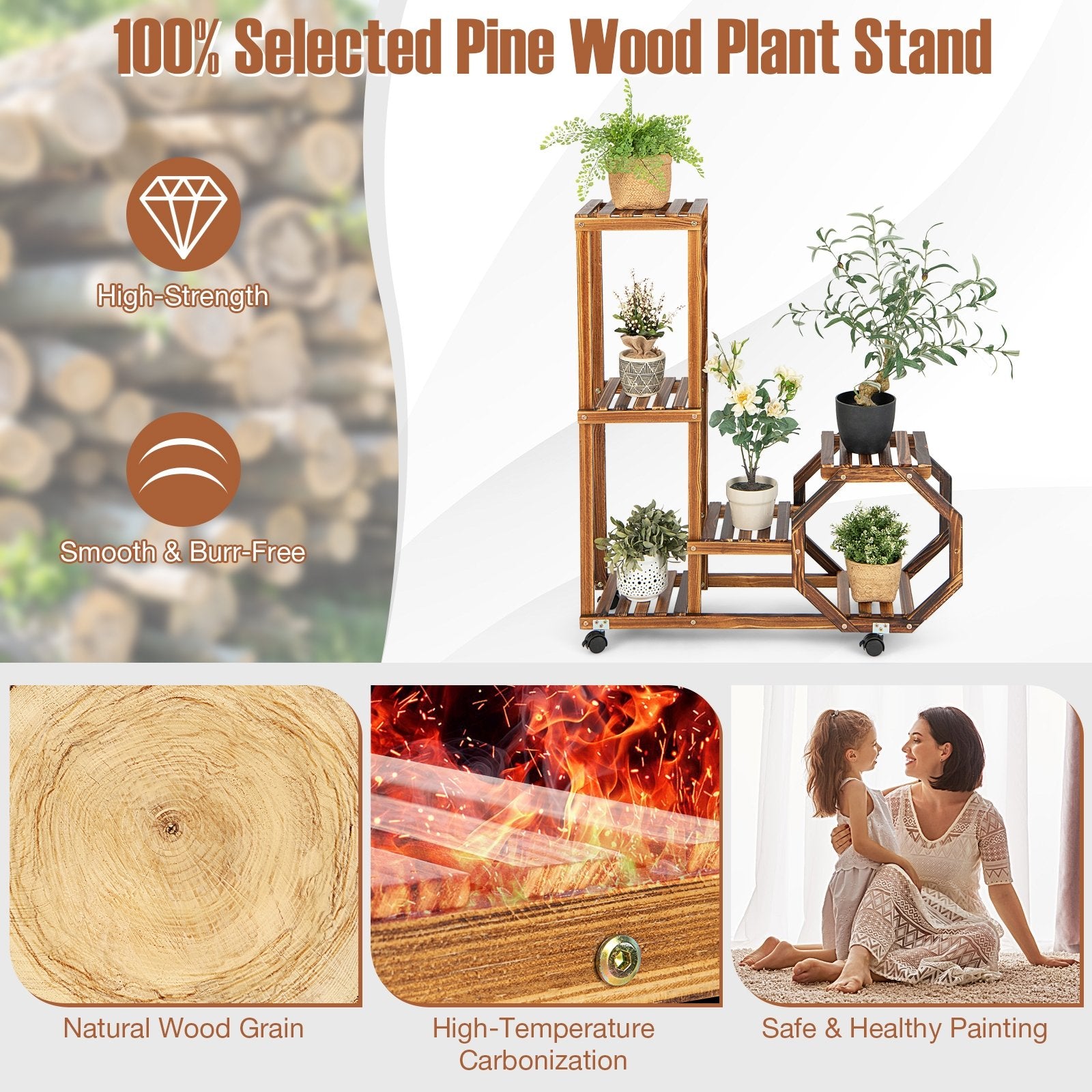 6-Tier Wooden Plant Stand with Wheels, Brown Plant Stands   at Gallery Canada