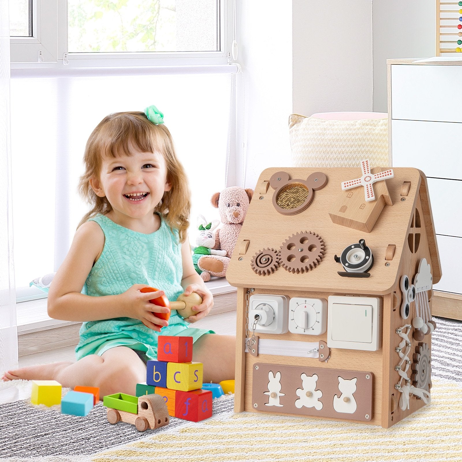 Multi-purpose Busy House with Sensory Games and Interior Storage Space, Natural Play Tents & Playhouse   at Gallery Canada