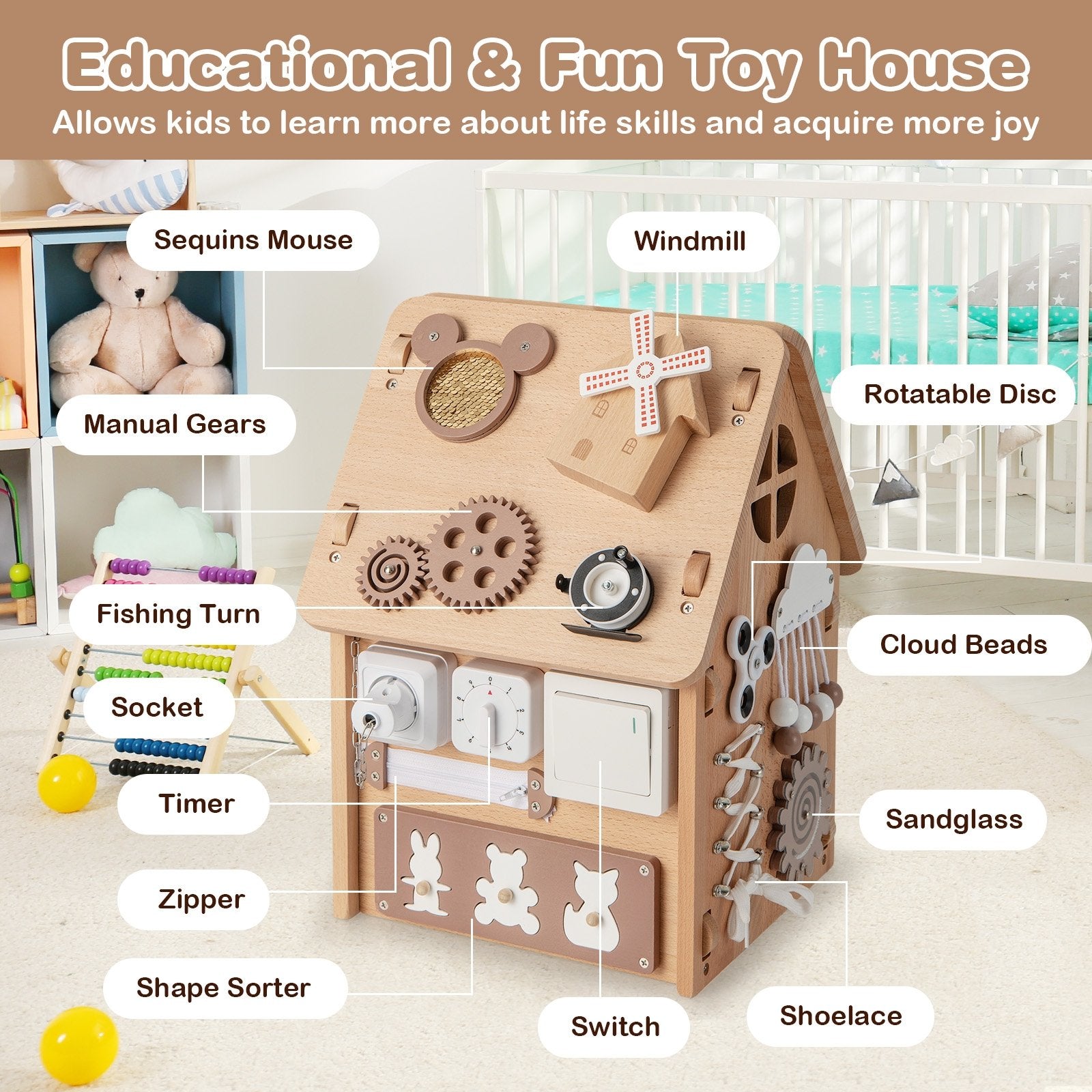 Multi-purpose Busy House with Sensory Games and Interior Storage Space, Natural Play Tents & Playhouse   at Gallery Canada