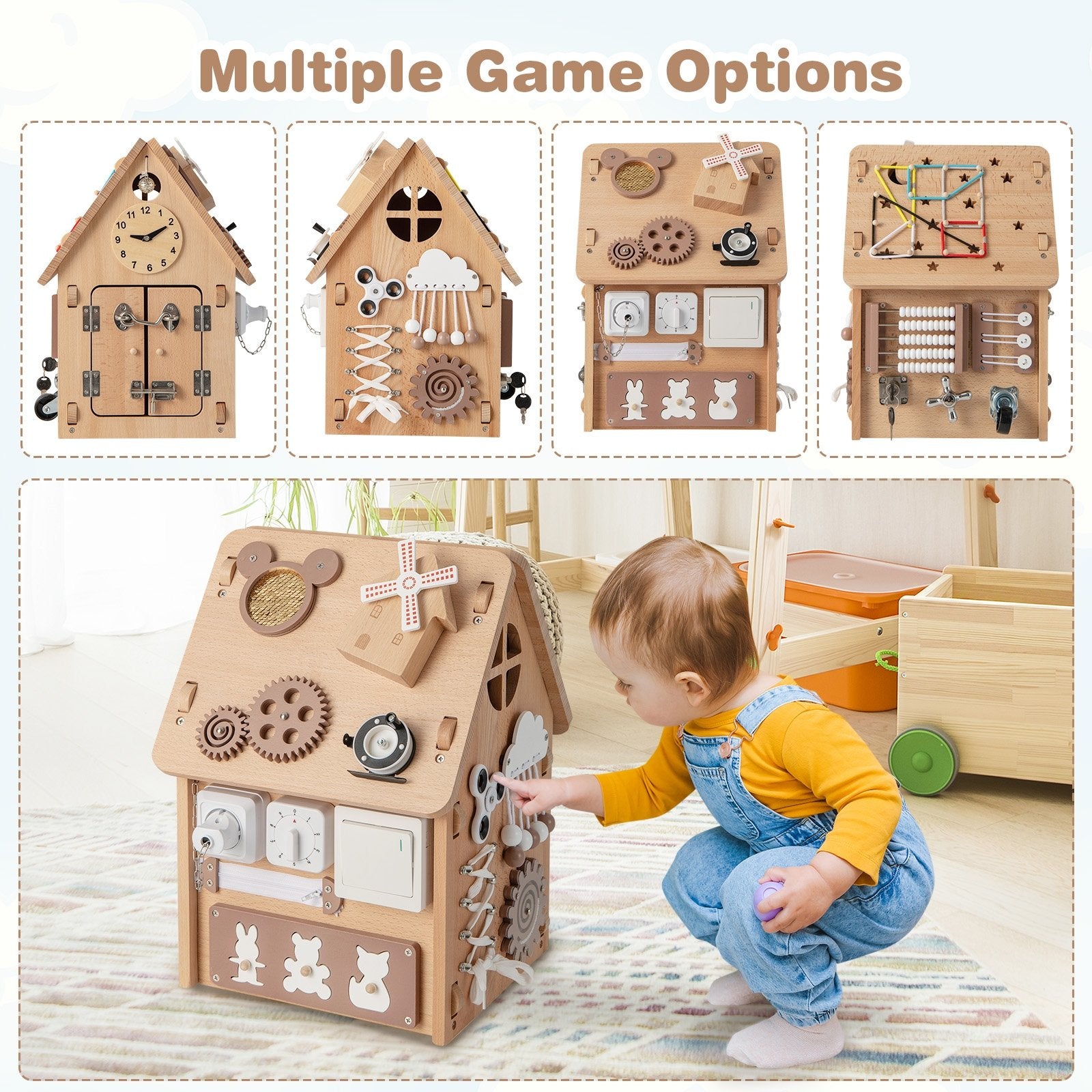 Multi-purpose Busy House with Sensory Games and Interior Storage Space, Natural Play Tents & Playhouse   at Gallery Canada