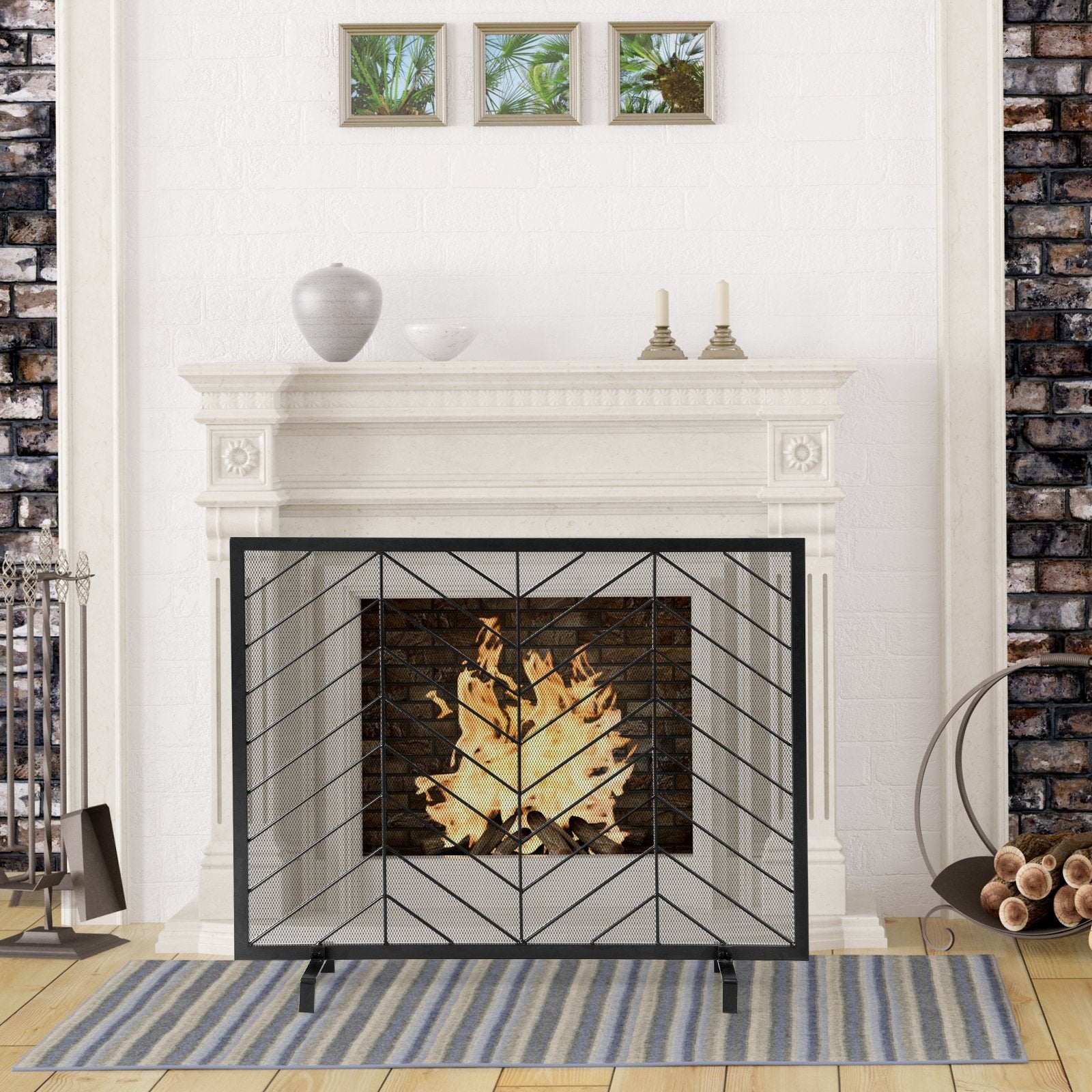 38 x 31 Inch Single Panel Fireplace Screen, Black Fireplace Tools   at Gallery Canada