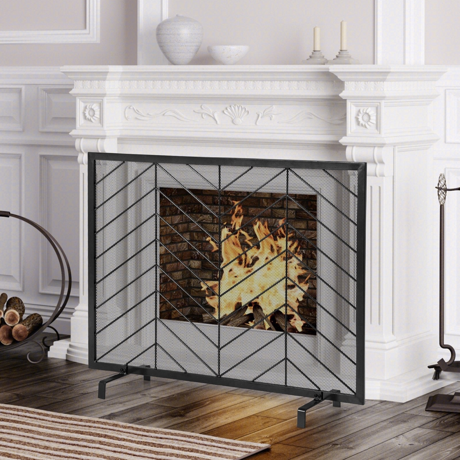 38 x 31 Inch Single Panel Fireplace Screen, Black Fireplace Tools   at Gallery Canada