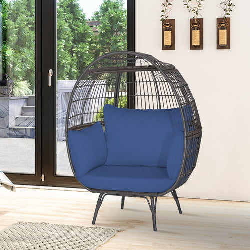 Oversized Patio Rattan Egg Lounge Chair with 4 Cushions, Navy