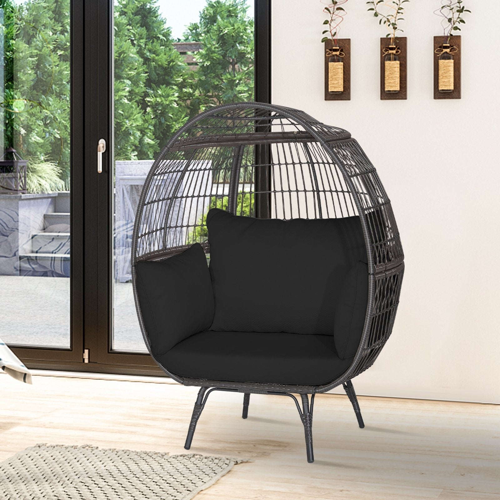 Oversized Indoor Wicker Egg Chair with Sturdy Metal Frame for Patio, Black Outdoor Chaise Lounges   at Gallery Canada