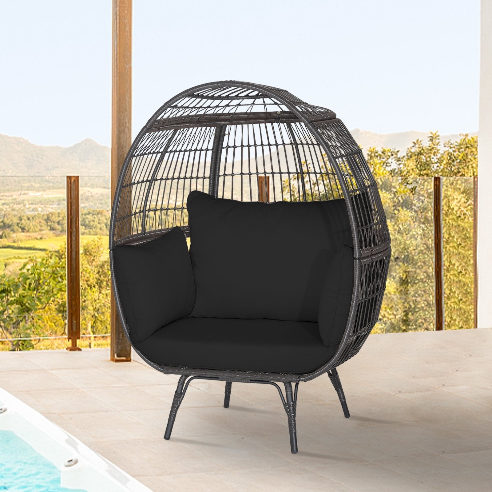 Oversized Indoor Wicker Egg Chair with Sturdy Metal Frame for Patio, Black Outdoor Chaise Lounges   at Gallery Canada