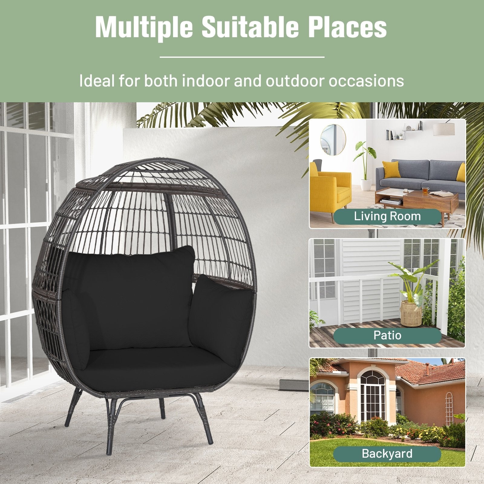 Oversized Indoor Wicker Egg Chair with Sturdy Metal Frame for Patio, Black Outdoor Chaise Lounges   at Gallery Canada