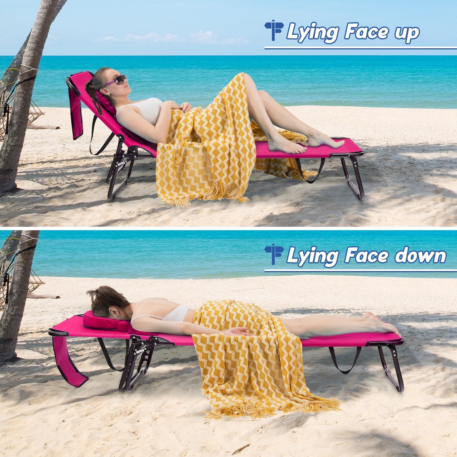 Beach Chaise Lounge Chair with Face Hole and Removable Pillow, Pink Outdoor Chaise Lounges   at Gallery Canada