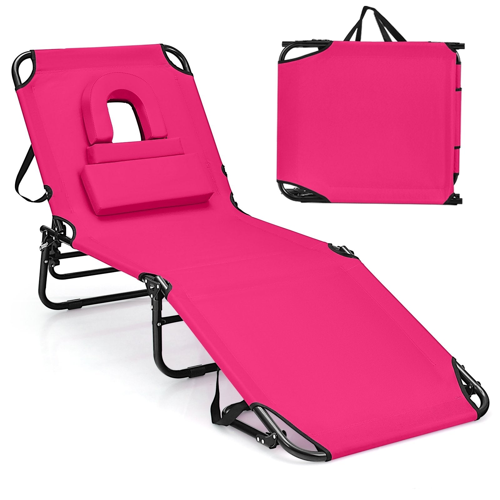 Beach Chaise Lounge Chair with Face Hole and Removable Pillow, Pink Outdoor Chaise Lounges   at Gallery Canada