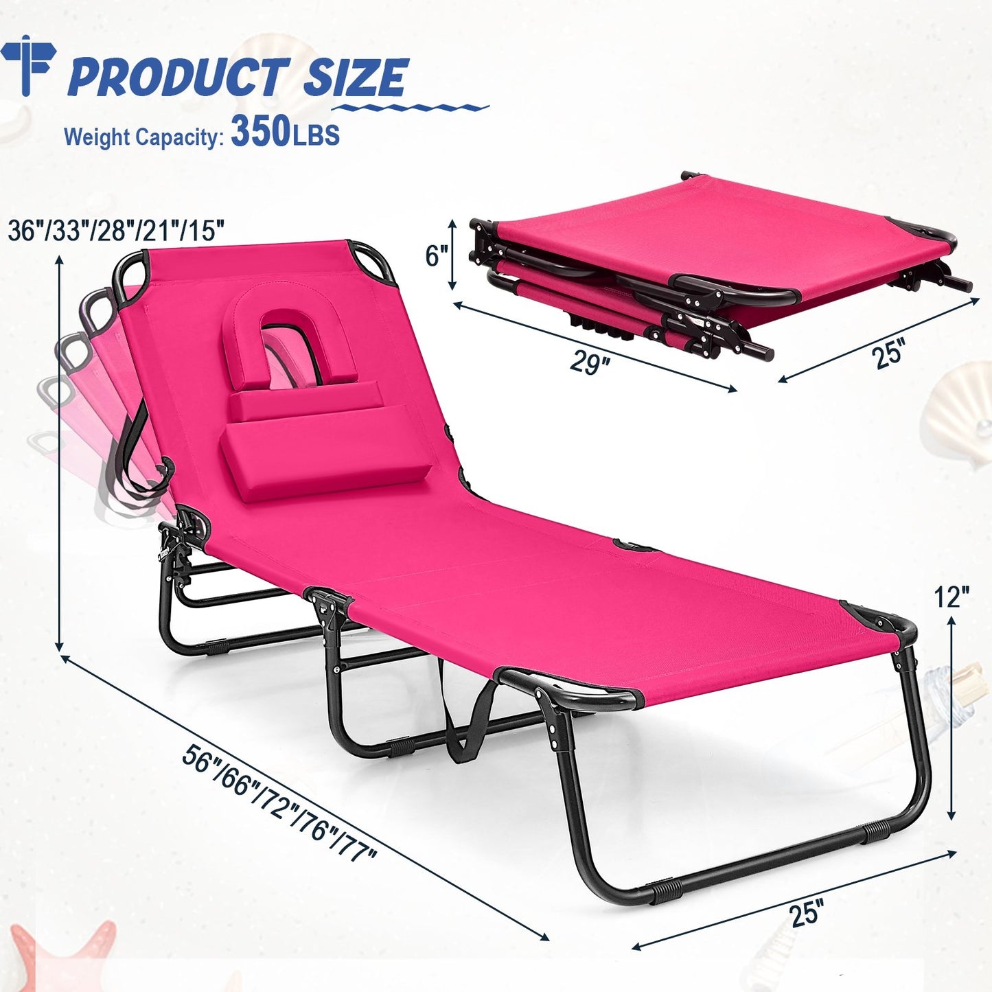 Beach Chaise Lounge Chair with Face Hole and Removable Pillow, Pink Outdoor Chaise Lounges   at Gallery Canada