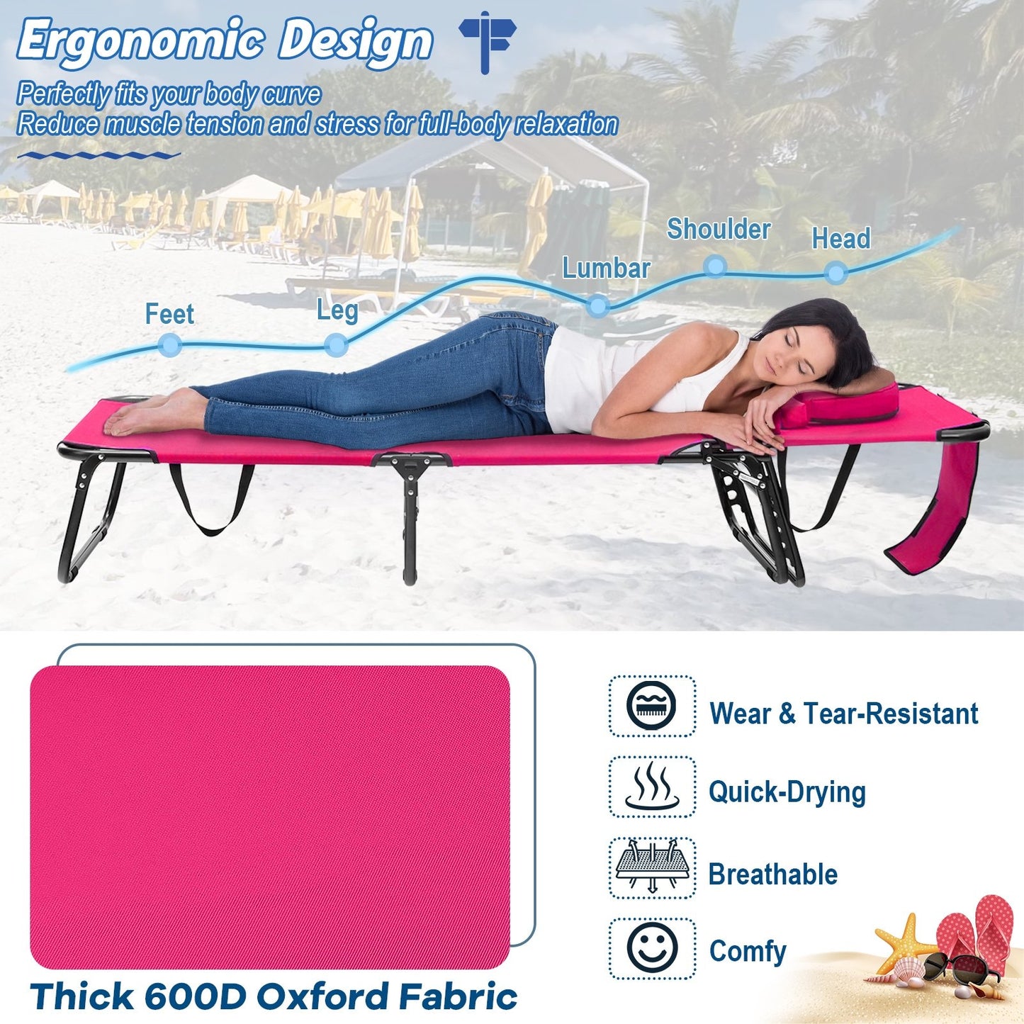 Beach Chaise Lounge Chair with Face Hole and Removable Pillow, Pink Outdoor Chaise Lounges   at Gallery Canada