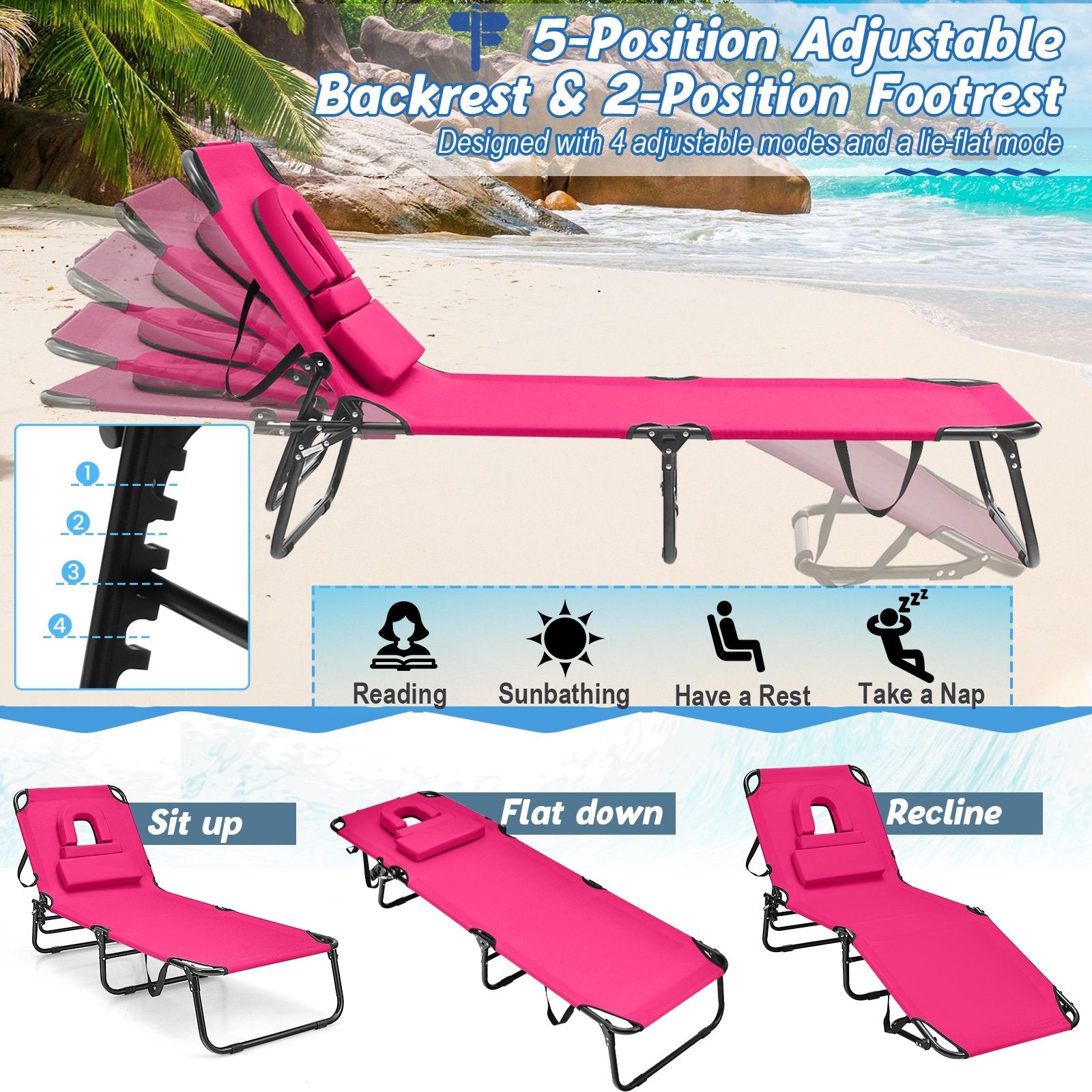 Beach Chaise Lounge Chair with Face Hole and Removable Pillow, Pink Outdoor Chaise Lounges   at Gallery Canada