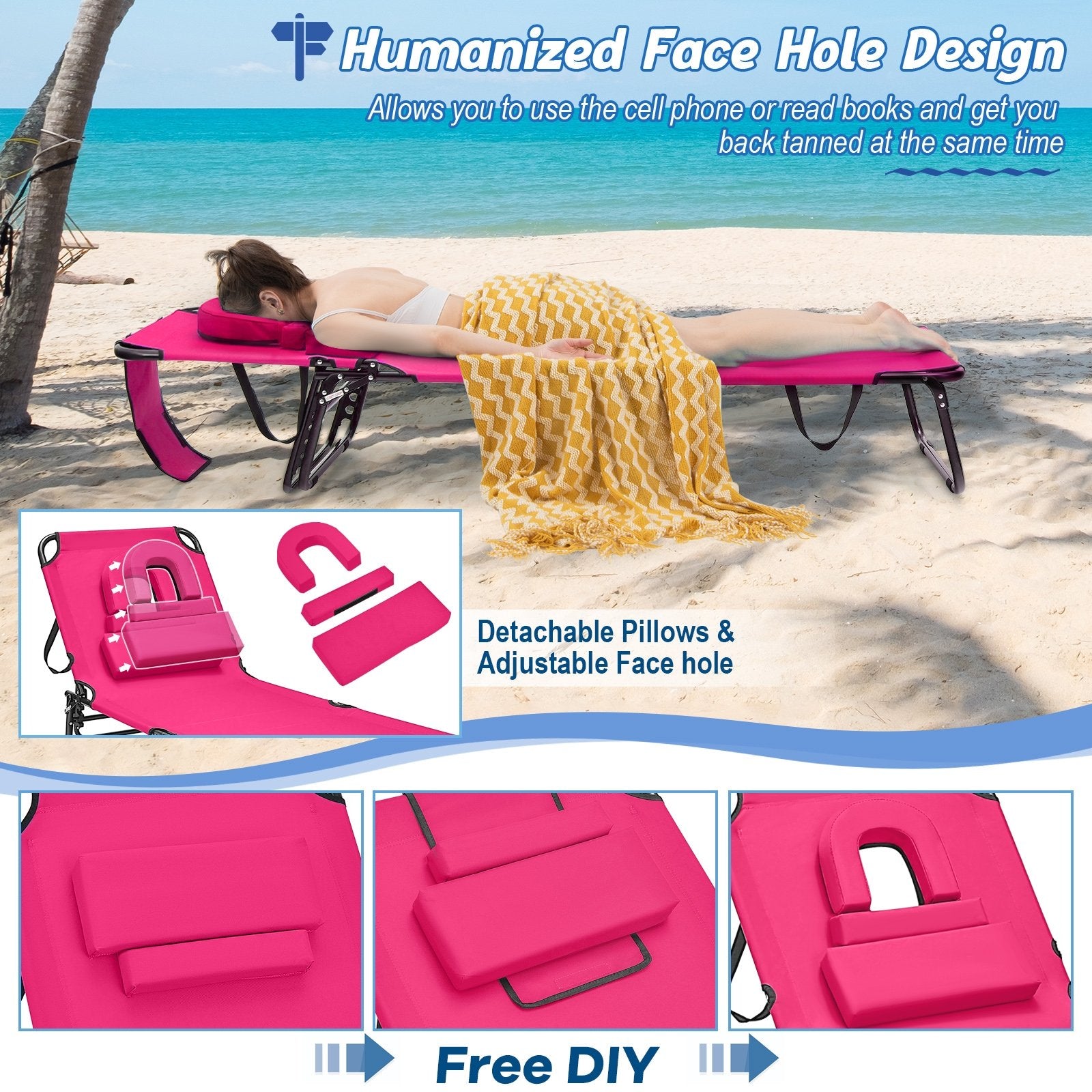 Beach Chaise Lounge Chair with Face Hole and Removable Pillow, Pink Outdoor Chaise Lounges   at Gallery Canada