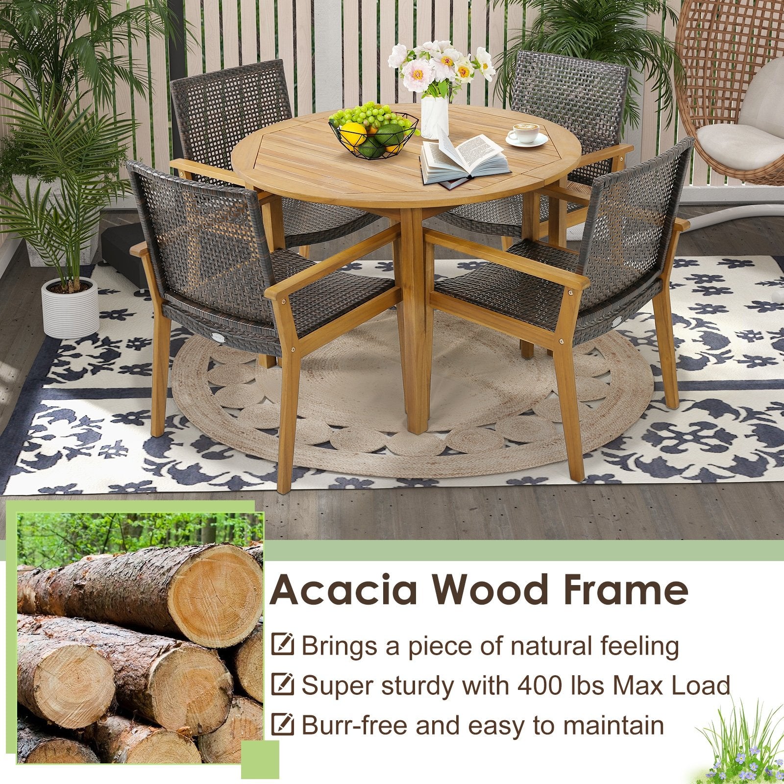 Set of 4 Outdoor Rattan Chair with Sturdy Acacia Wood Frame-Set of 4, Gray Patio Dining Chairs   at Gallery Canada