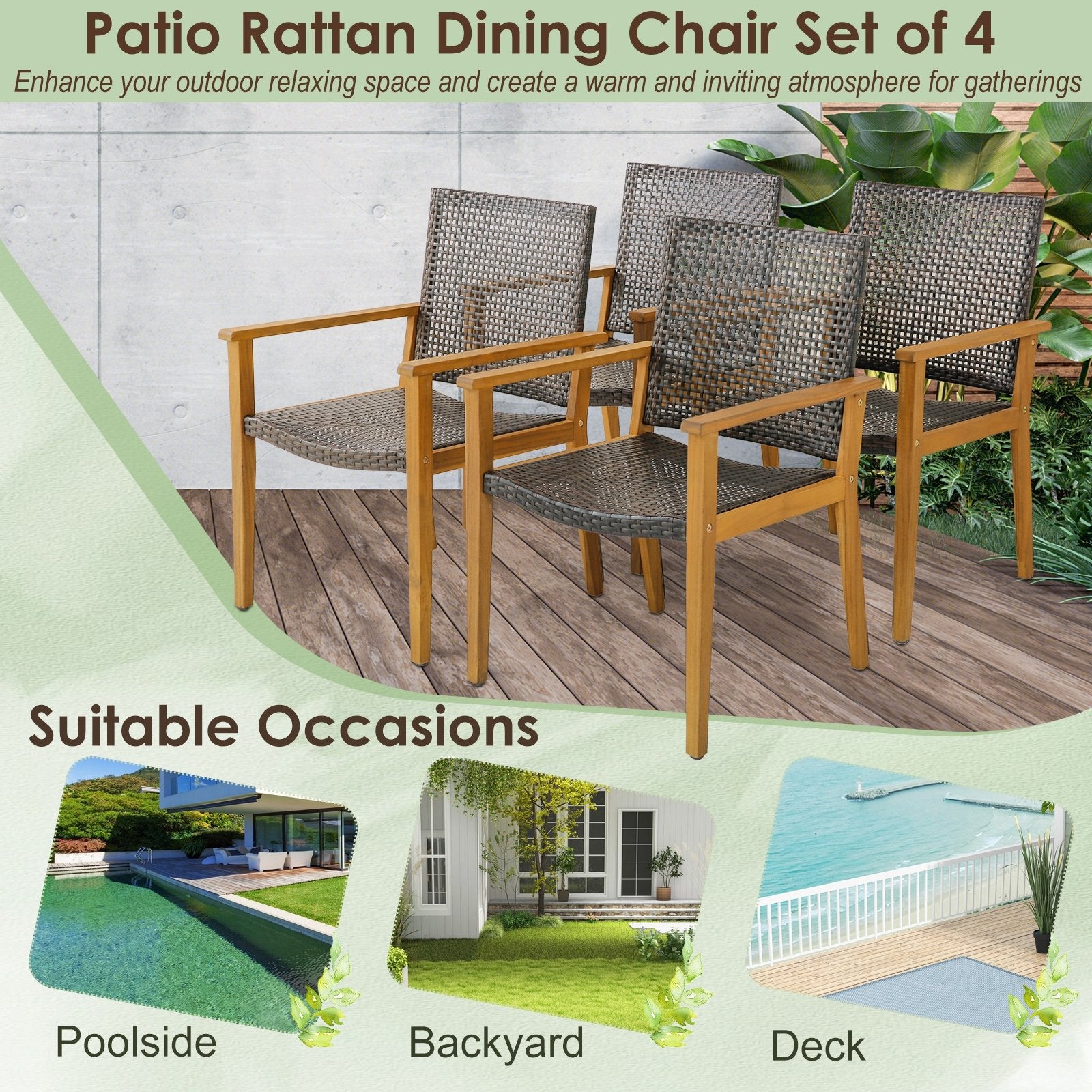 Set of 4 Outdoor Rattan Chair with Sturdy Acacia Wood Frame-Set of 4, Gray Patio Dining Chairs   at Gallery Canada