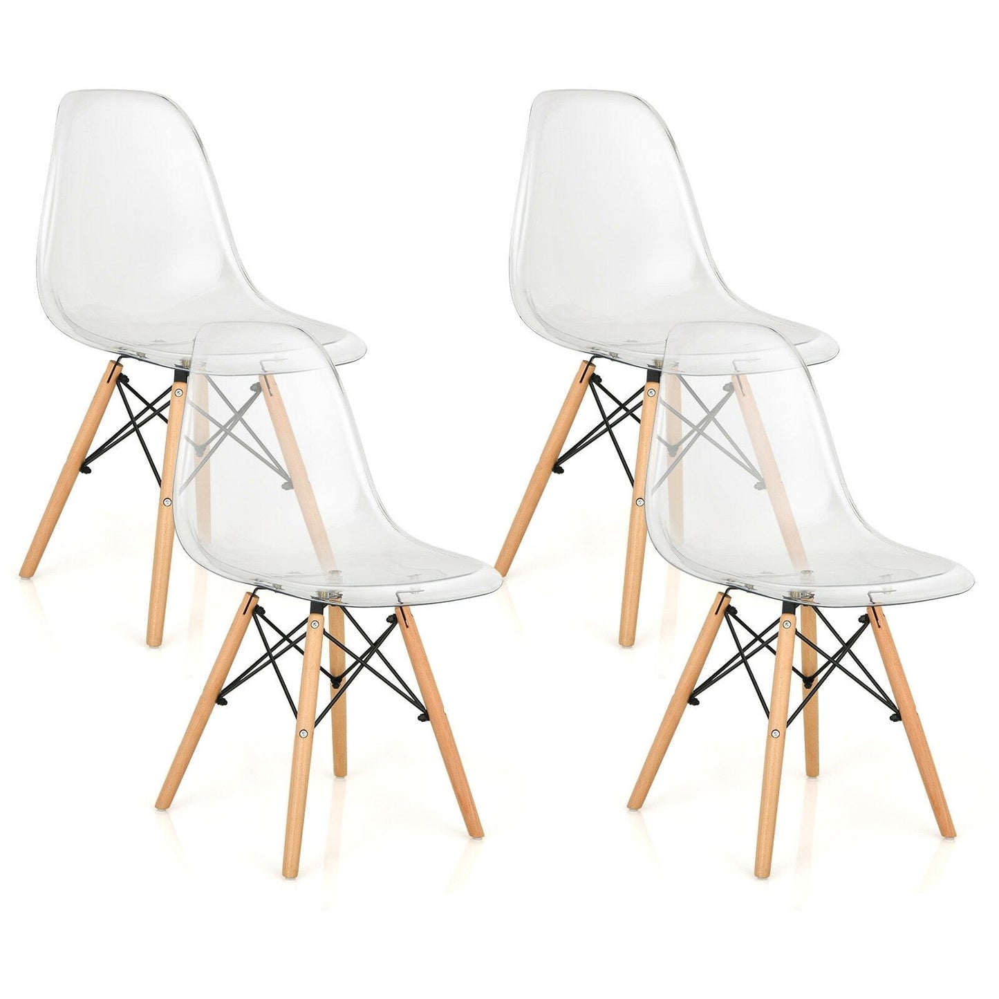 Set of 4 Dining Chairs Modern Plastic Shell Side Chair with Clear Seat and Wood Legs, Transparent Dining Chairs   at Gallery Canada