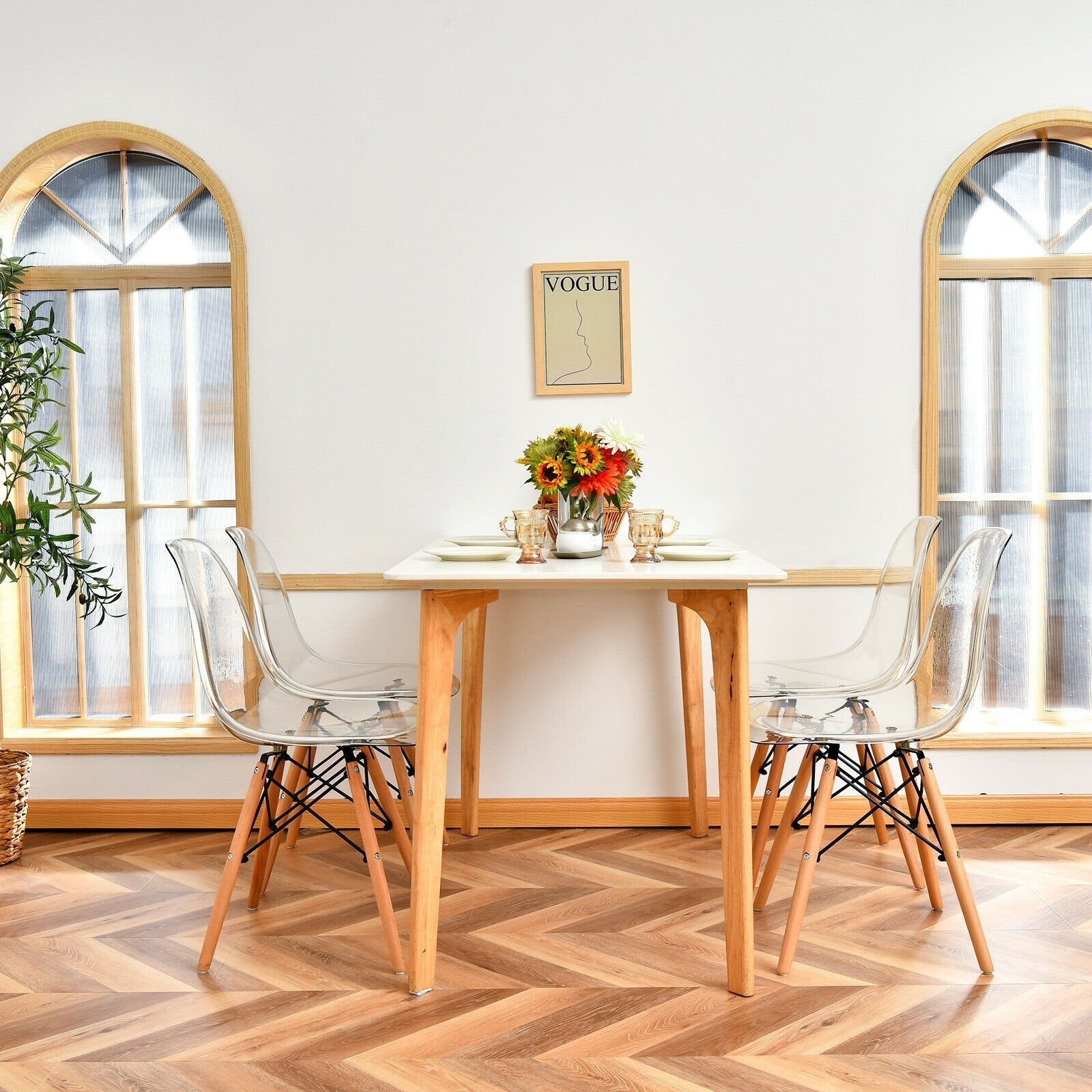 Set of 4 Dining Chairs Modern Plastic Shell Side Chair with Clear Seat and Wood Legs, Transparent Dining Chairs   at Gallery Canada