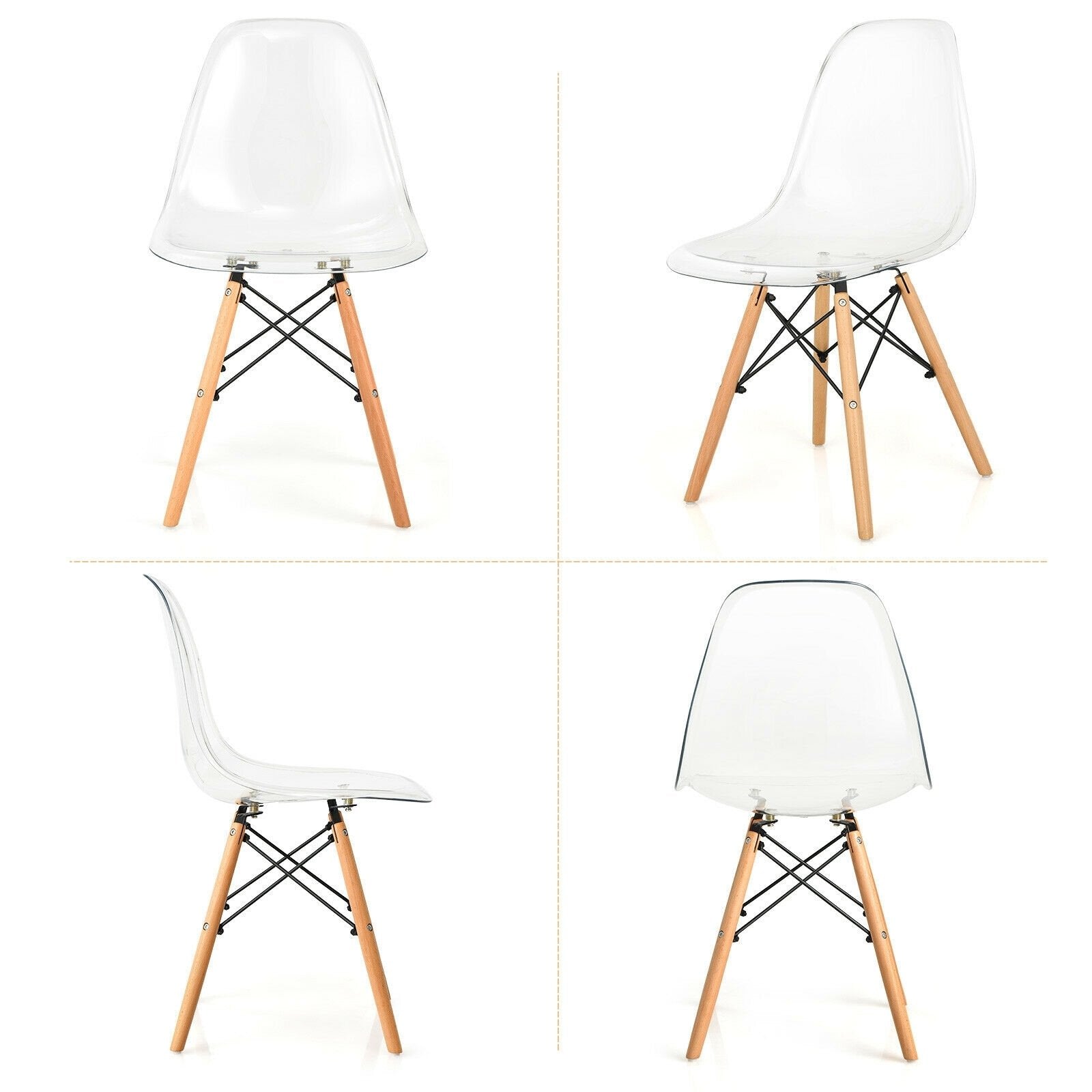 Set of 4 Dining Chairs Modern Plastic Shell Side Chair with Clear Seat and Wood Legs, Transparent Dining Chairs   at Gallery Canada