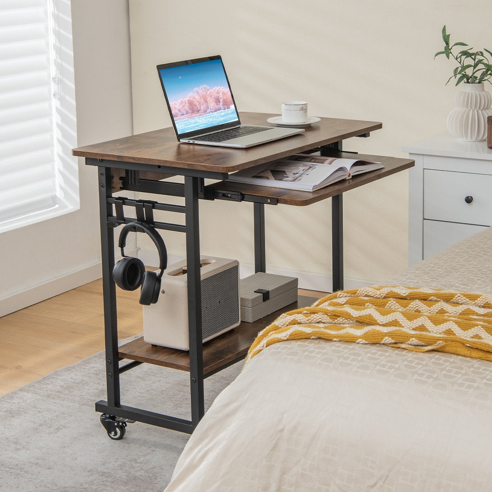 Rolling Laptop Table with Pull-out Keyboard Tray and Hooks, Rustic Brown Laptop Tables & Printer Stands   at Gallery Canada