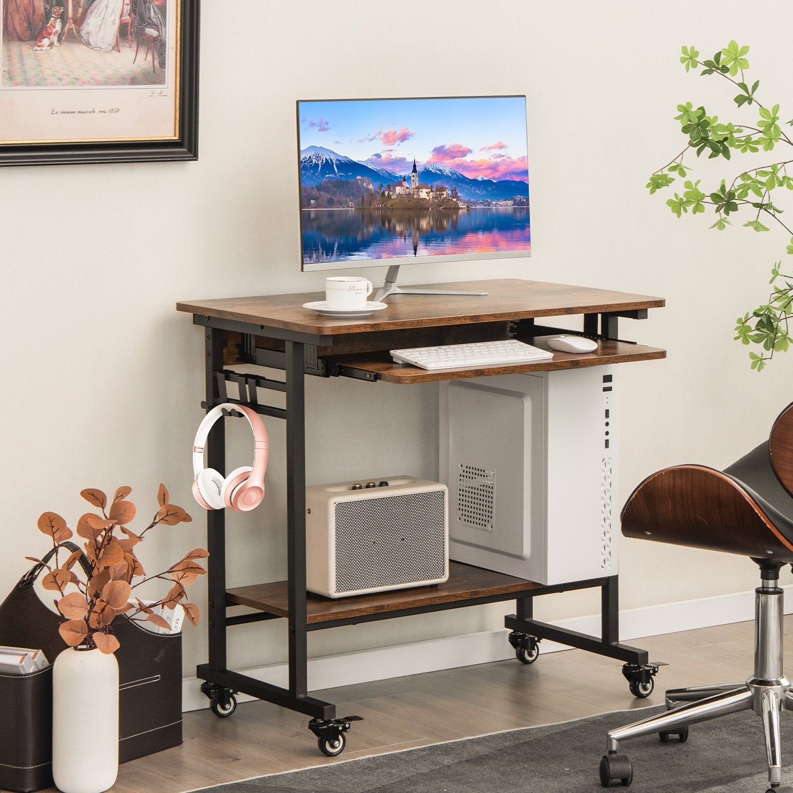 Rolling Laptop Table with Pull-out Keyboard Tray and Hooks, Rustic Brown Laptop Tables & Printer Stands   at Gallery Canada