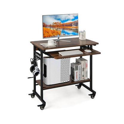 Rolling Laptop Table with Pull-out Keyboard Tray and Hooks, Rustic Brown Laptop Tables & Printer Stands   at Gallery Canada