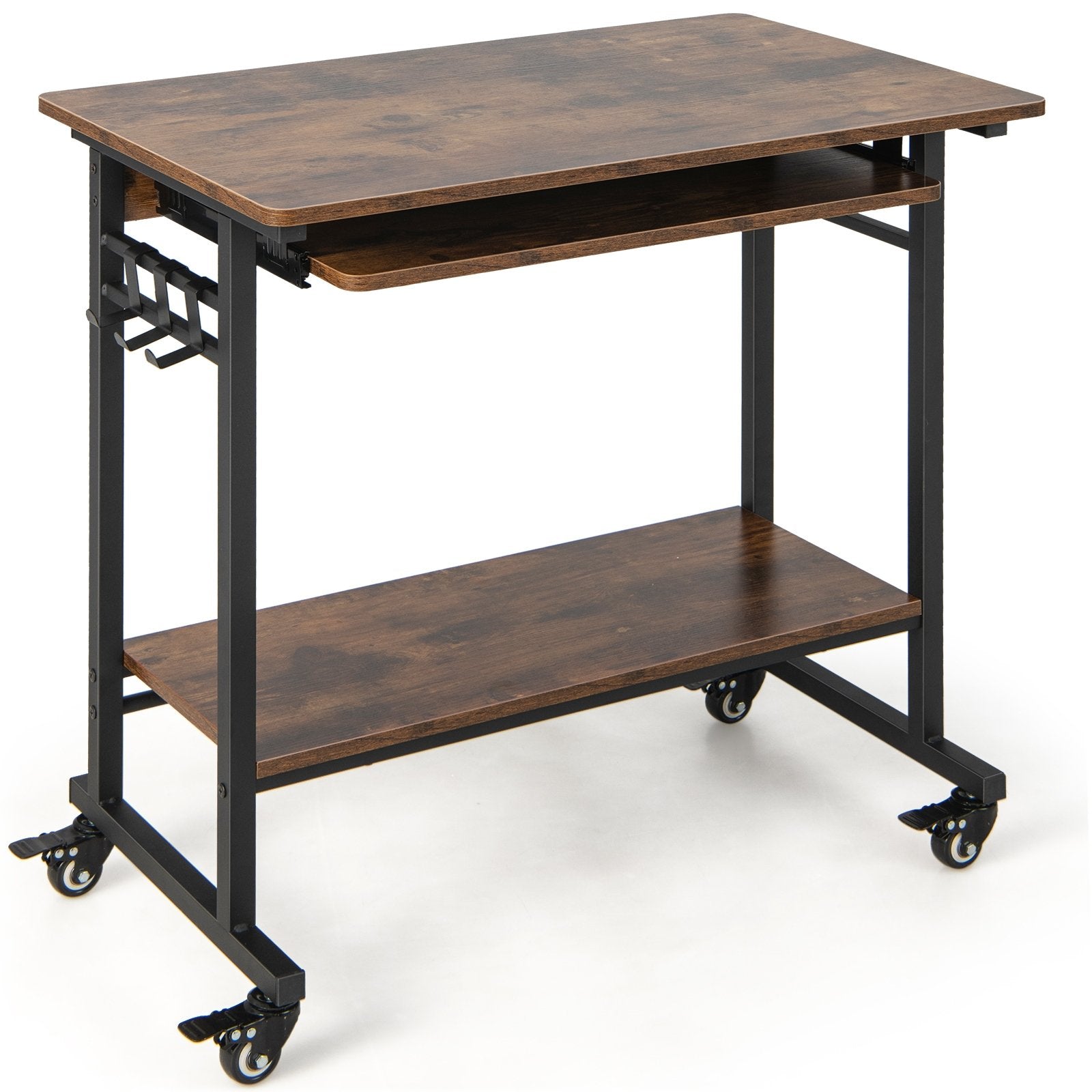 Rolling Laptop Table with Pull-out Keyboard Tray and Hooks, Rustic Brown Laptop Tables & Printer Stands   at Gallery Canada