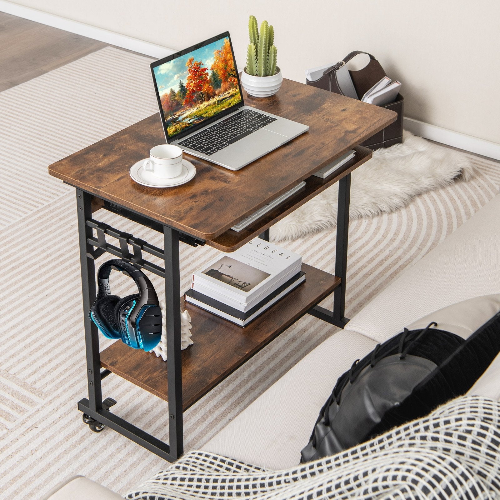 Rolling Laptop Table with Pull-out Keyboard Tray and Hooks, Rustic Brown Laptop Tables & Printer Stands   at Gallery Canada