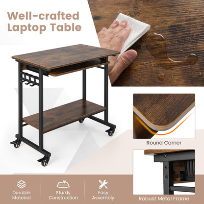 Rolling Laptop Table with Pull-out Keyboard Tray and Hooks, Rustic Brown Laptop Tables & Printer Stands   at Gallery Canada