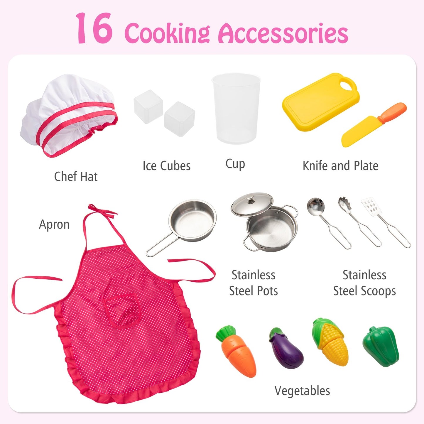 Pretend Play Kitchen for Kids with 16 Pieces Accessories, Pink Play Kitchen Sets   at Gallery Canada