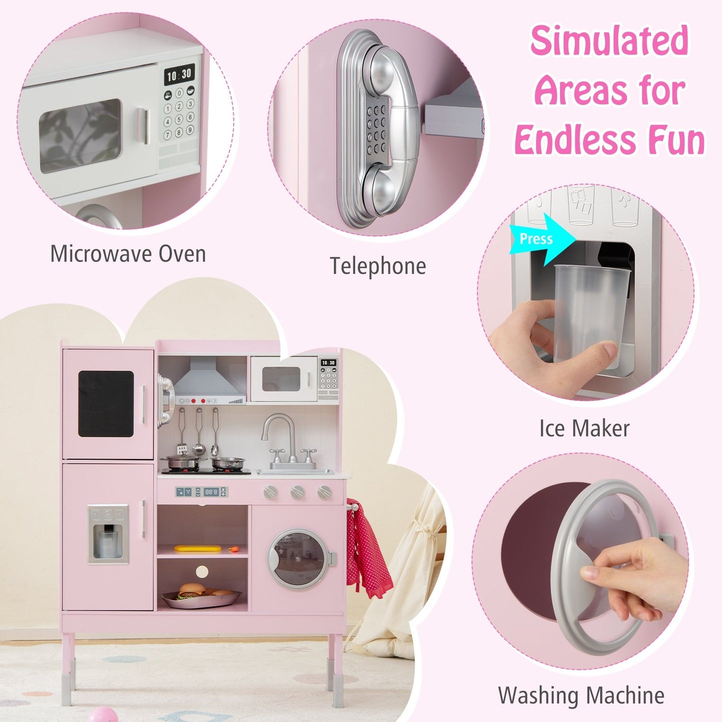 Pretend Play Kitchen for Kids with 16 Pieces Accessories, Pink Play Kitchen Sets   at Gallery Canada