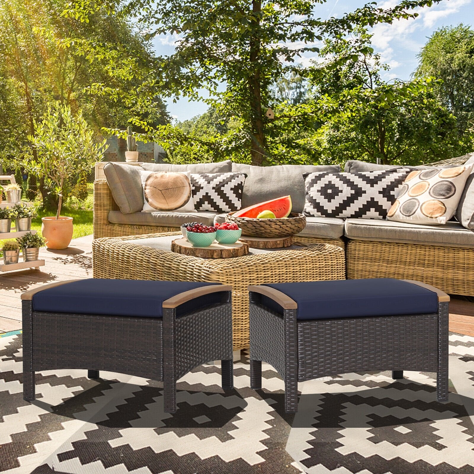 Set of 2 Fade-Resistant Wicker Patio Ottoman, Navy Outdoor Seating & Patio Chairs   at Gallery Canada