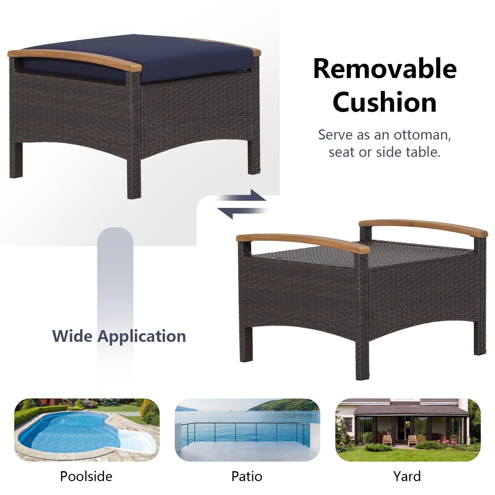 Set of 2 Fade-Resistant Wicker Patio Ottoman, Navy Outdoor Seating & Patio Chairs   at Gallery Canada