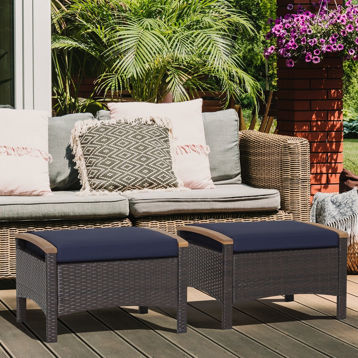 Set of 2 Fade-Resistant Wicker Patio Ottoman, Navy Outdoor Seating & Patio Chairs   at Gallery Canada