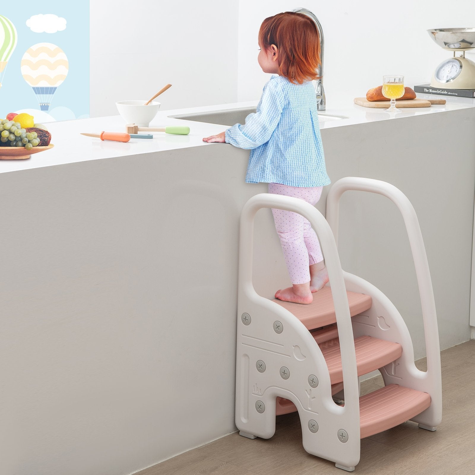 3-Step Stool with Safety Handles and Non-slip Pedals for Toddlers, Pink Toddler & Kids Furniture   at Gallery Canada