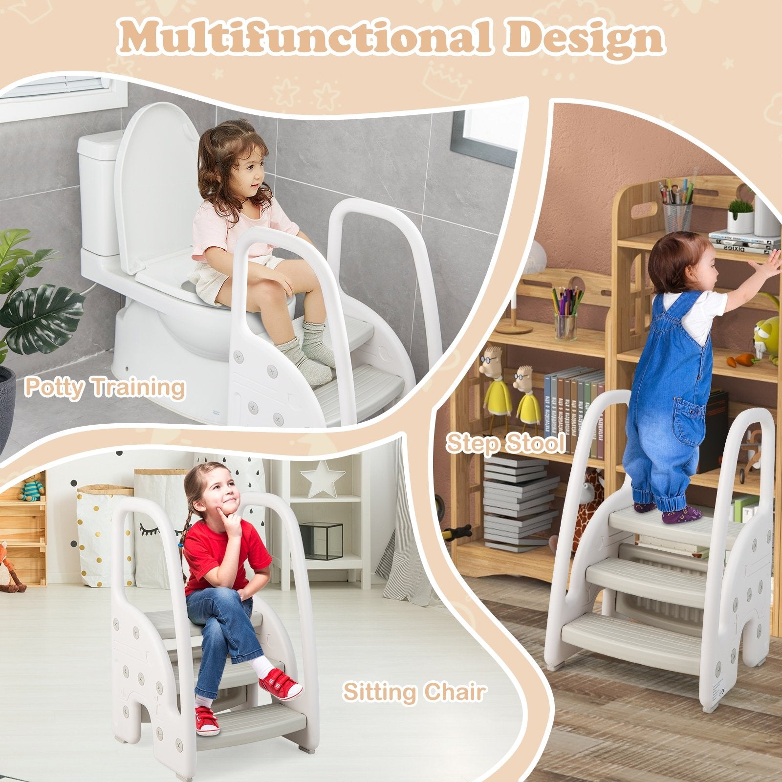 3-Step Stool with Safety Handles and Non-slip Pedals for Toddlers, Gray Toddler & Kids Furniture   at Gallery Canada