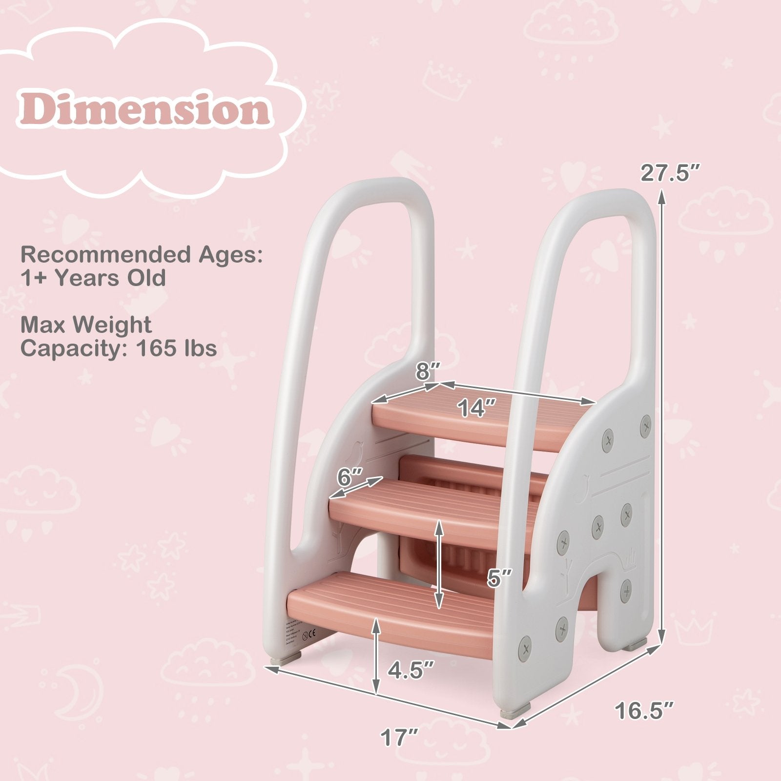 3-Step Stool with Safety Handles and Non-slip Pedals for Toddlers, Pink Toddler & Kids Furniture   at Gallery Canada