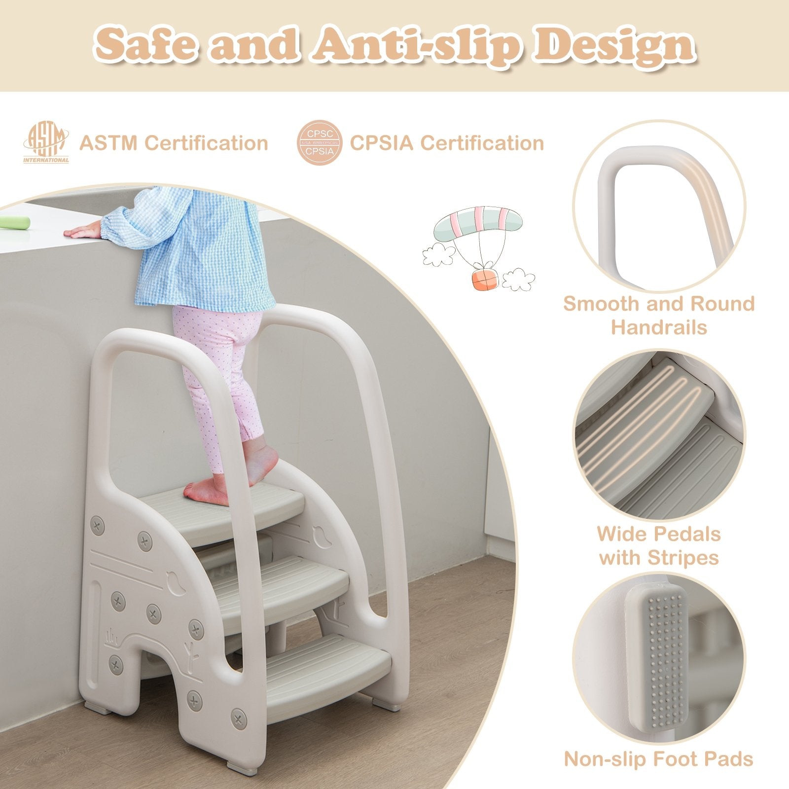 3-Step Stool with Safety Handles and Non-slip Pedals for Toddlers, Gray Toddler & Kids Furniture   at Gallery Canada