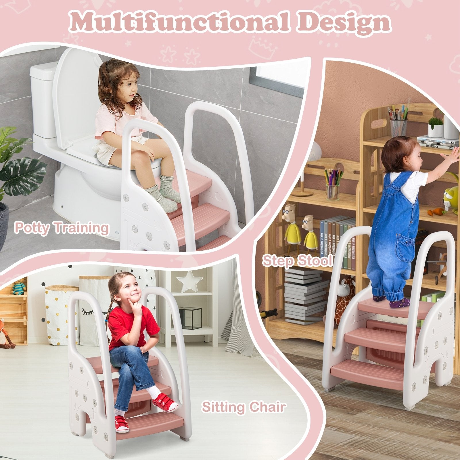 3-Step Stool with Safety Handles and Non-slip Pedals for Toddlers, Pink Toddler & Kids Furniture   at Gallery Canada