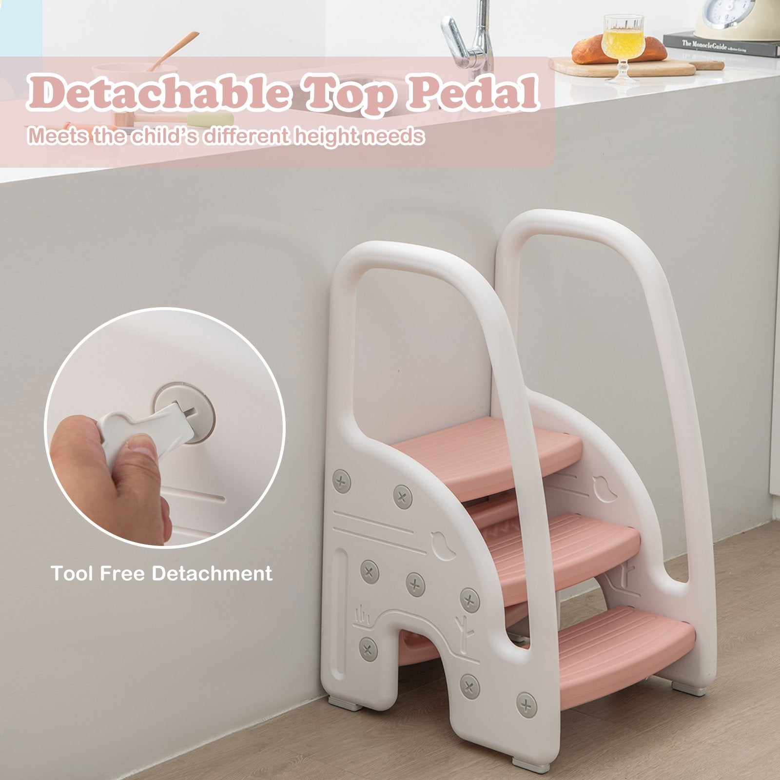 3-Step Stool with Safety Handles and Non-slip Pedals for Toddlers, Pink Toddler & Kids Furniture   at Gallery Canada